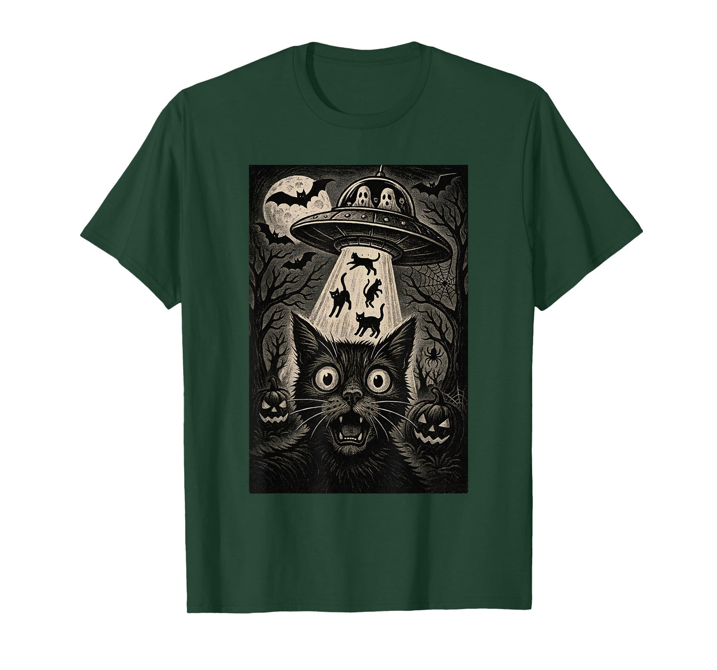 Halloween Cat Selfie Scary Alien Abduction Cats UFO Flying T-Shirt