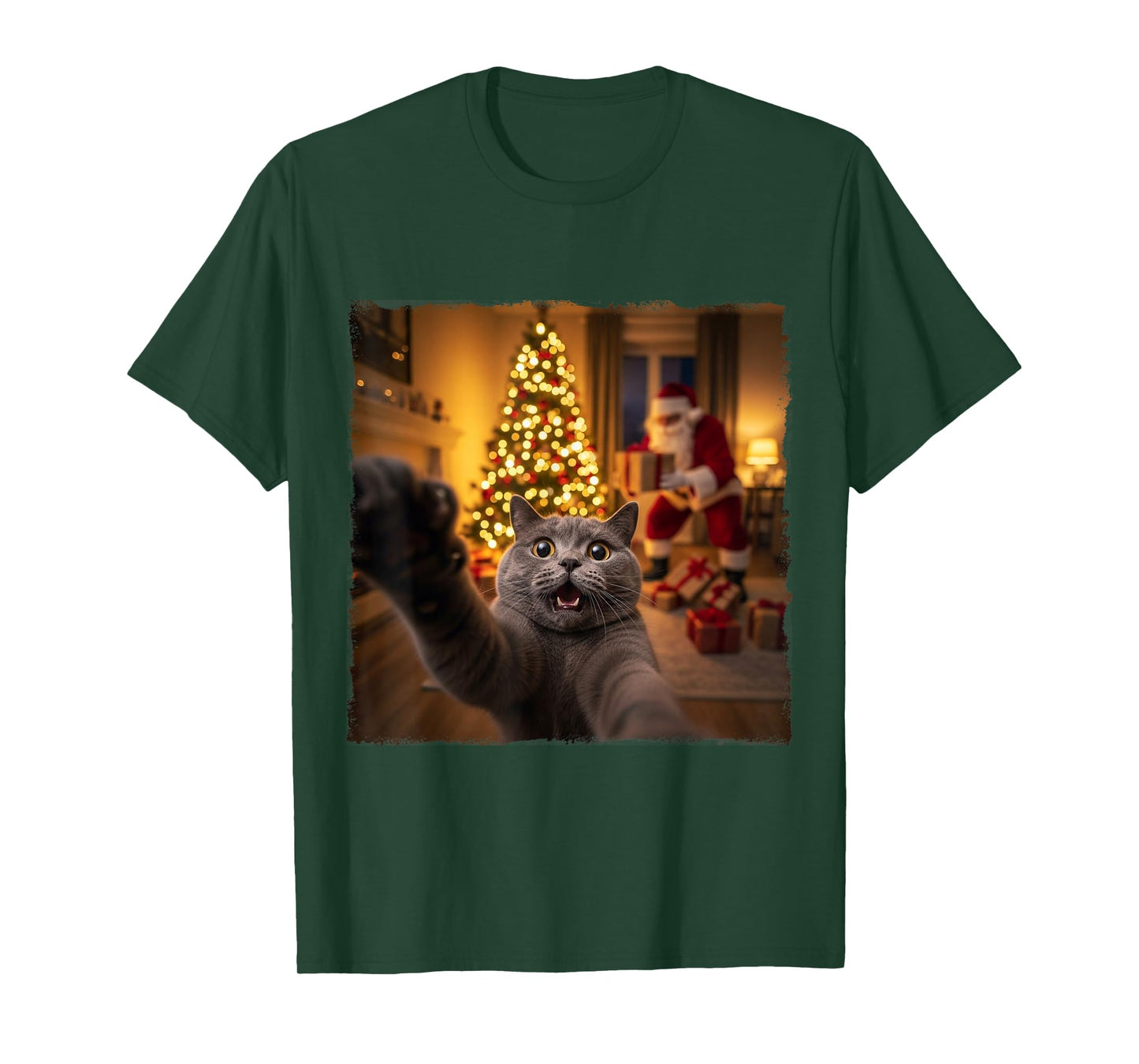 Cute Grey Cat Selfie with Santa Claus Gifts Christmas Tree T-Shirt