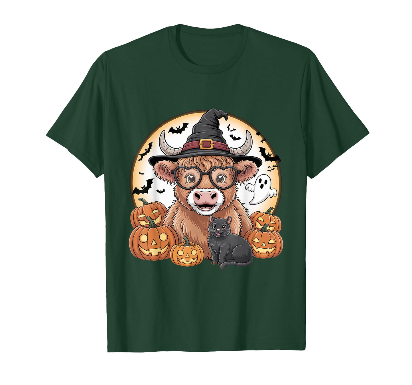 Cute Highland Cow Witch Halloween Pumpkin Black Cat Ghost T-Shirt