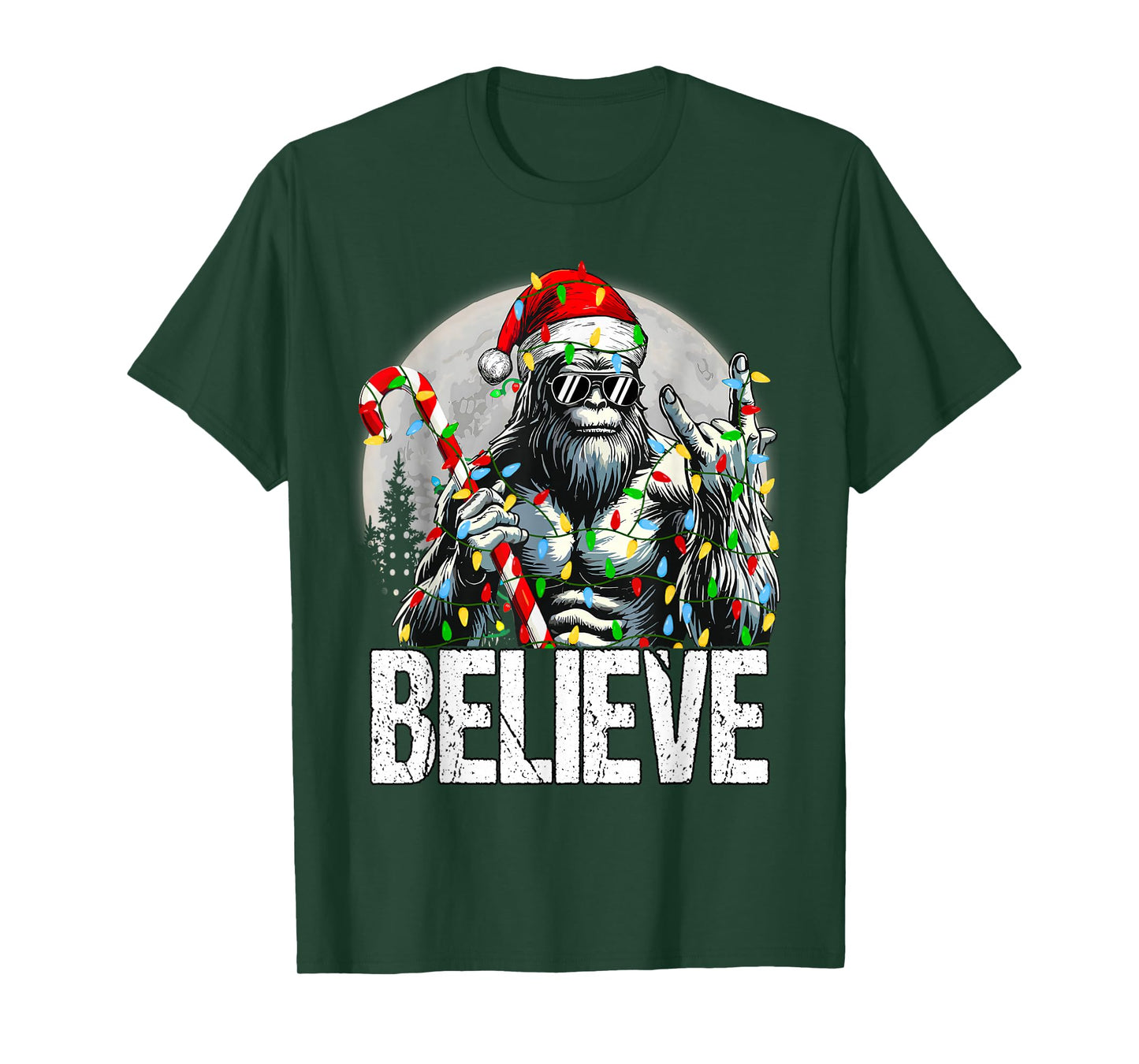 Santa Bigfoot Christmas Lights Funny Sasquatch Believe Xmas T-Shirt