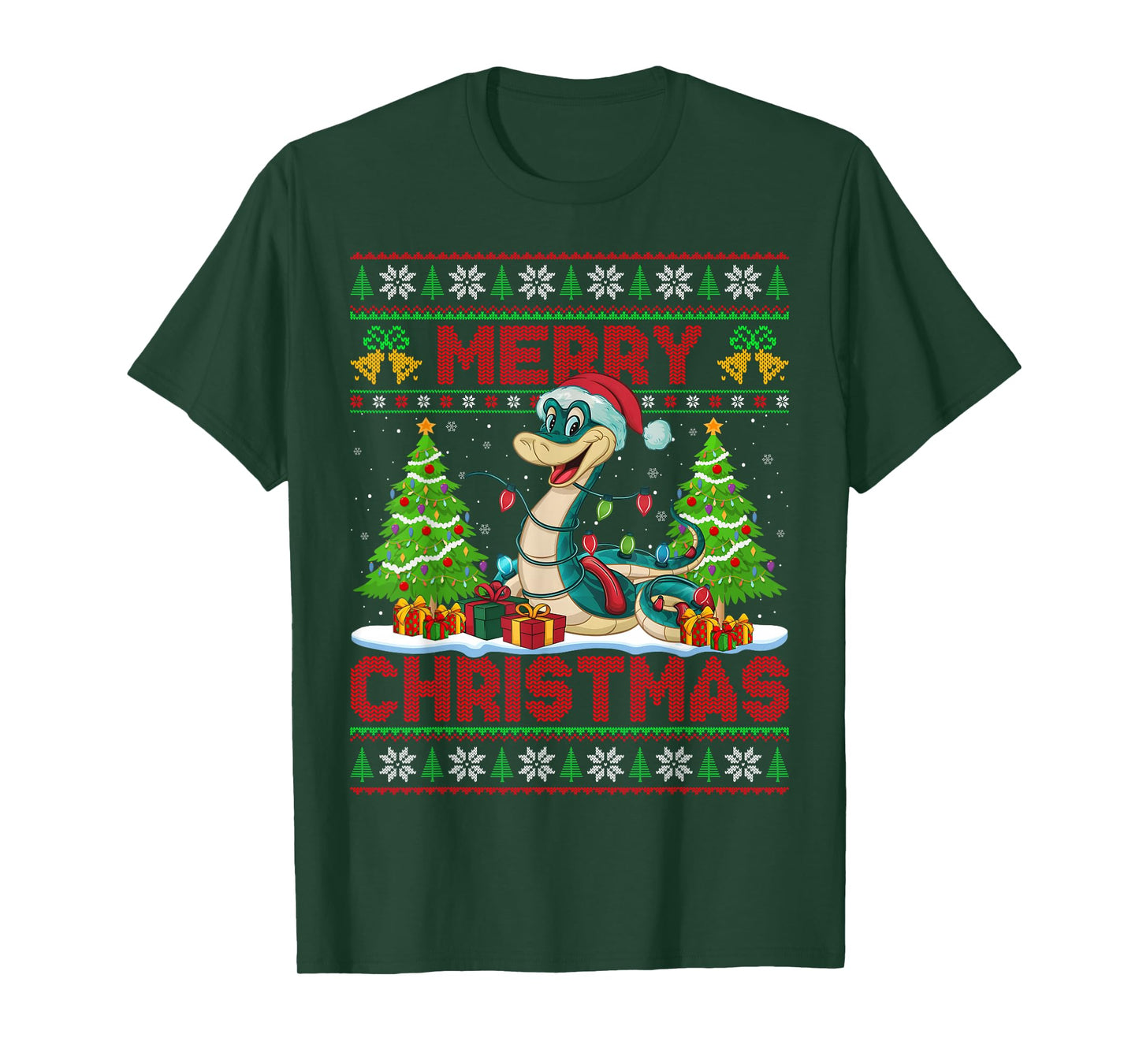 Snake Ugly Christmas Sweaters Funny Santa Hat Lights Xmas T-Shirt