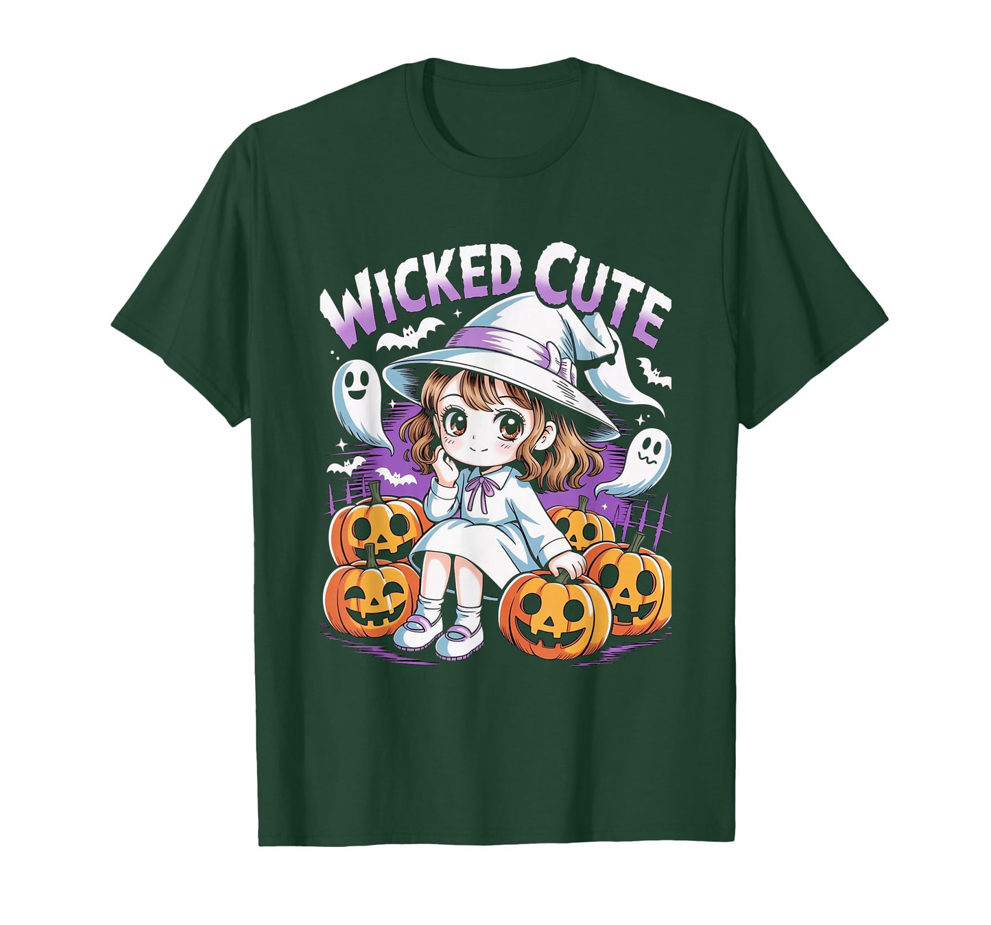 Halloween Anime Cute Witch Girls Pumpkin Bats Ghosts Kids T-Shirt
