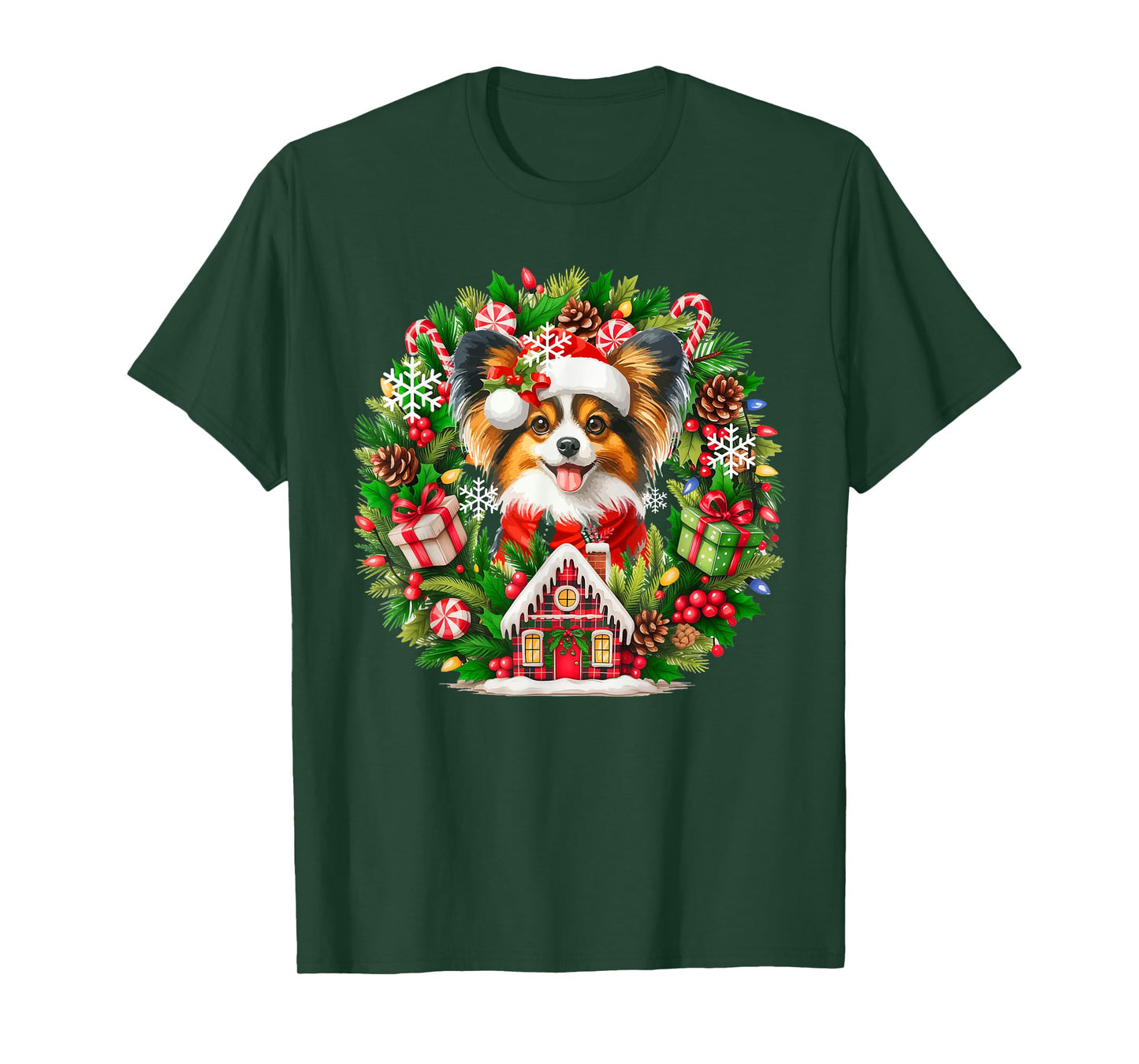 Santa Papillon Christmas Floral Circle Matching Owner Kids T-Shirt
