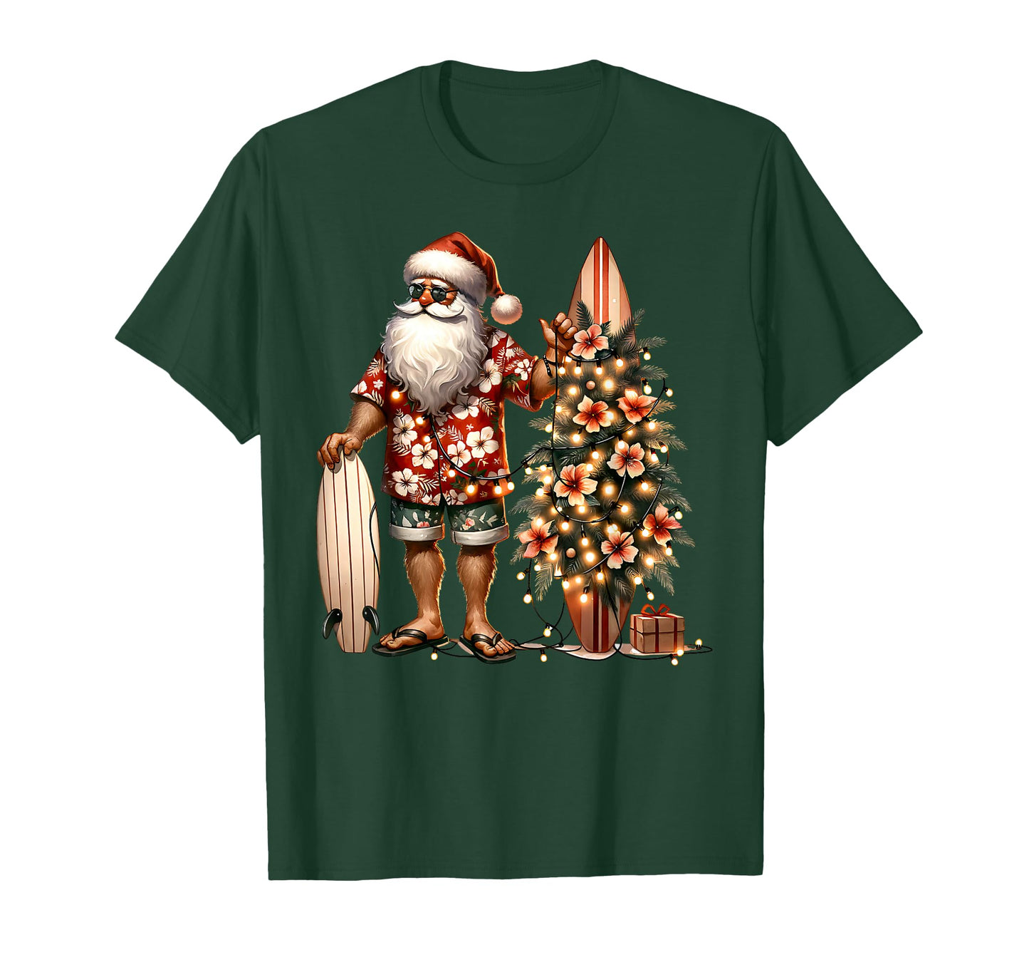 Tropical Christmas Santa Surfing Beach Hibiscus Xmas Lights T-Shirt