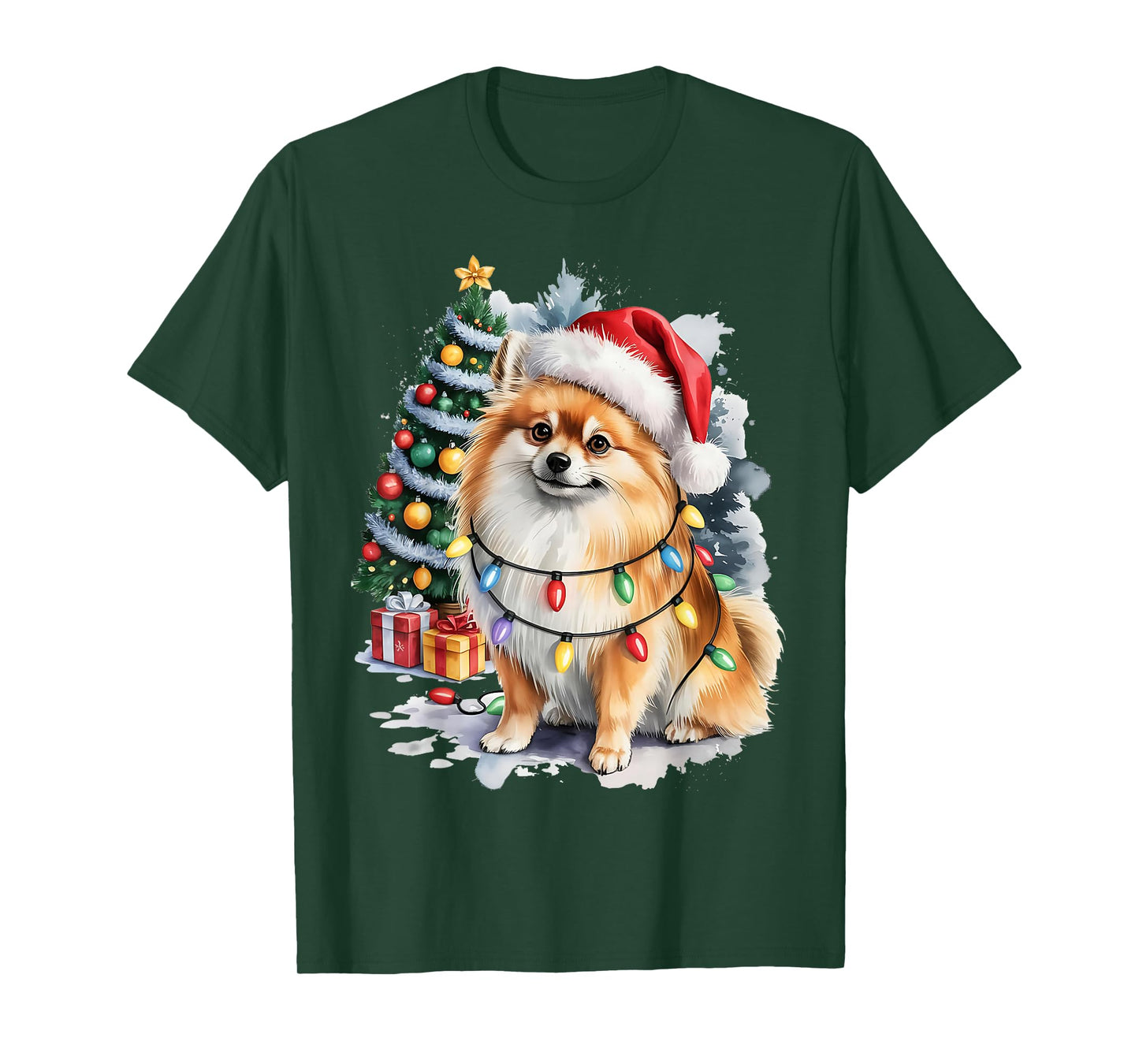 Pomeranian Christmas Dog with Santa Hat and Lights Holiday T-Shirt