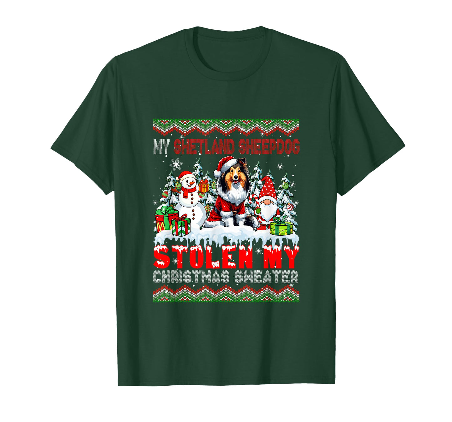 Shetland Sheepdog Stolen Christmas Sweater Santa Dog Gnome T-Shirt