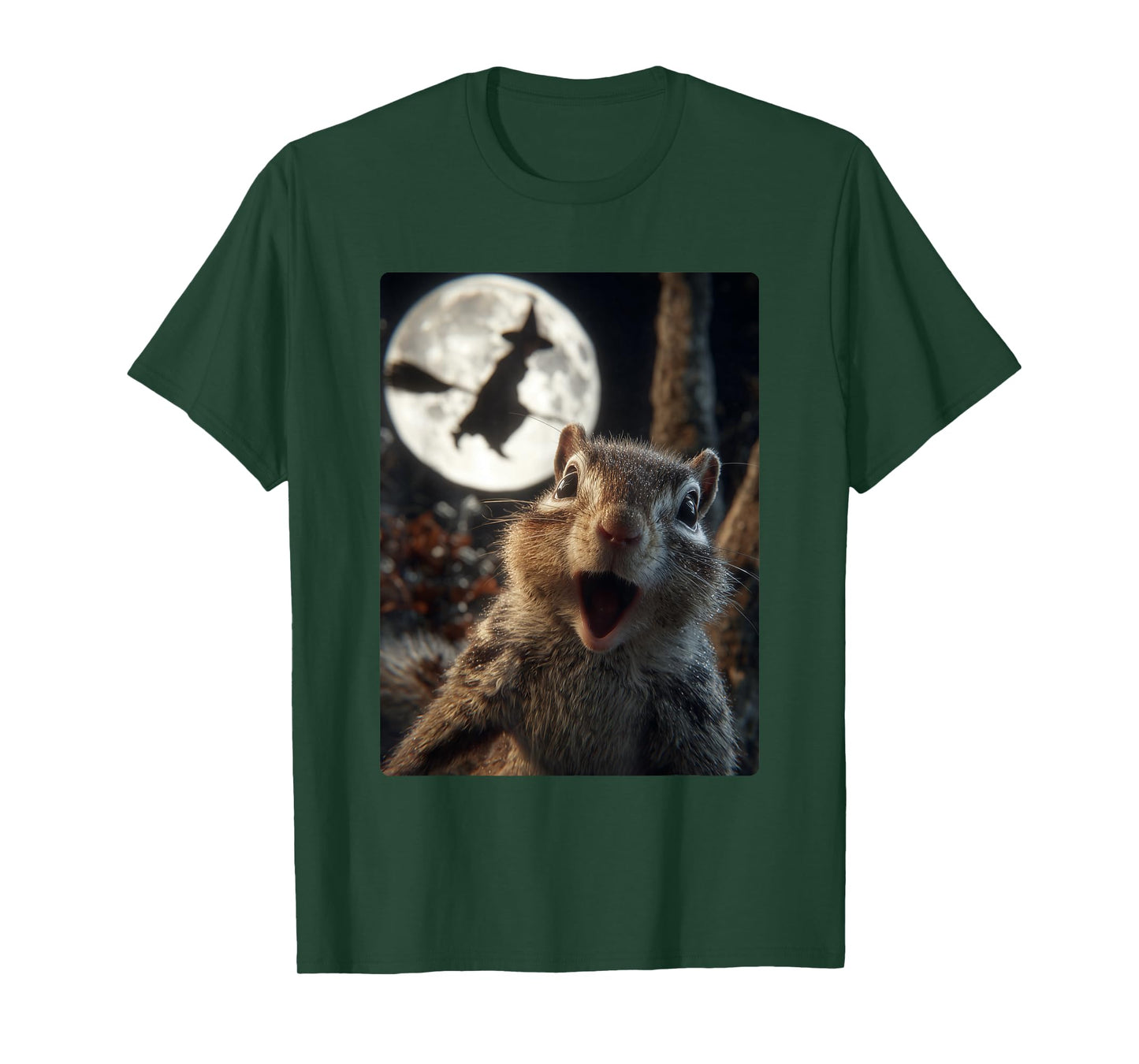 Funny Chipmunk Selfie with Full Moon Flying Witch Halloween T-Shirt