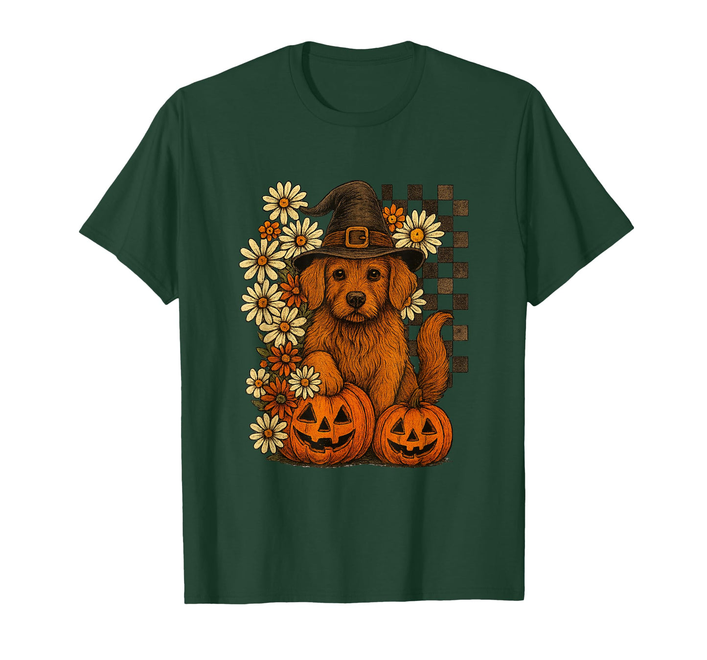 Cute Halloween Dog Witch Hat Pumpkins Fall Flowers T-Shirt