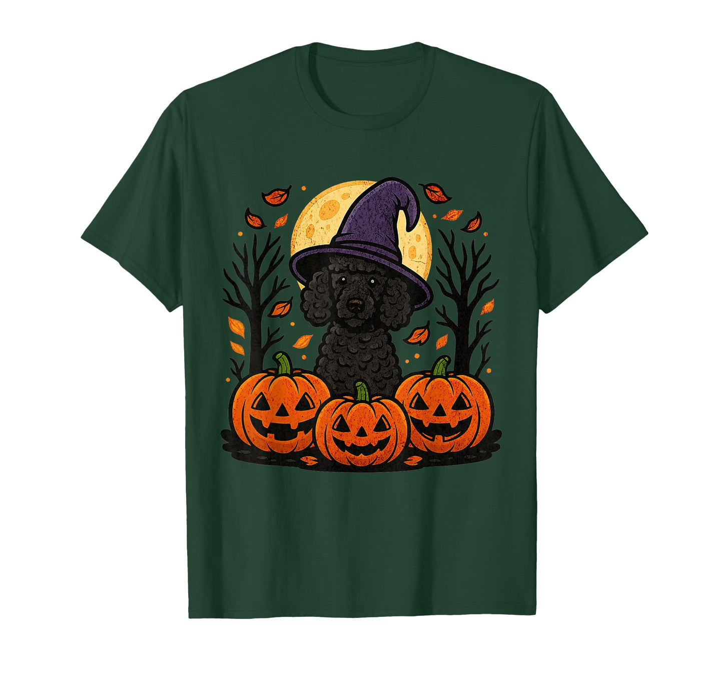 Halloween Black Poodle Witch Hat Pumpkins Autumn Leaves T-Shirt