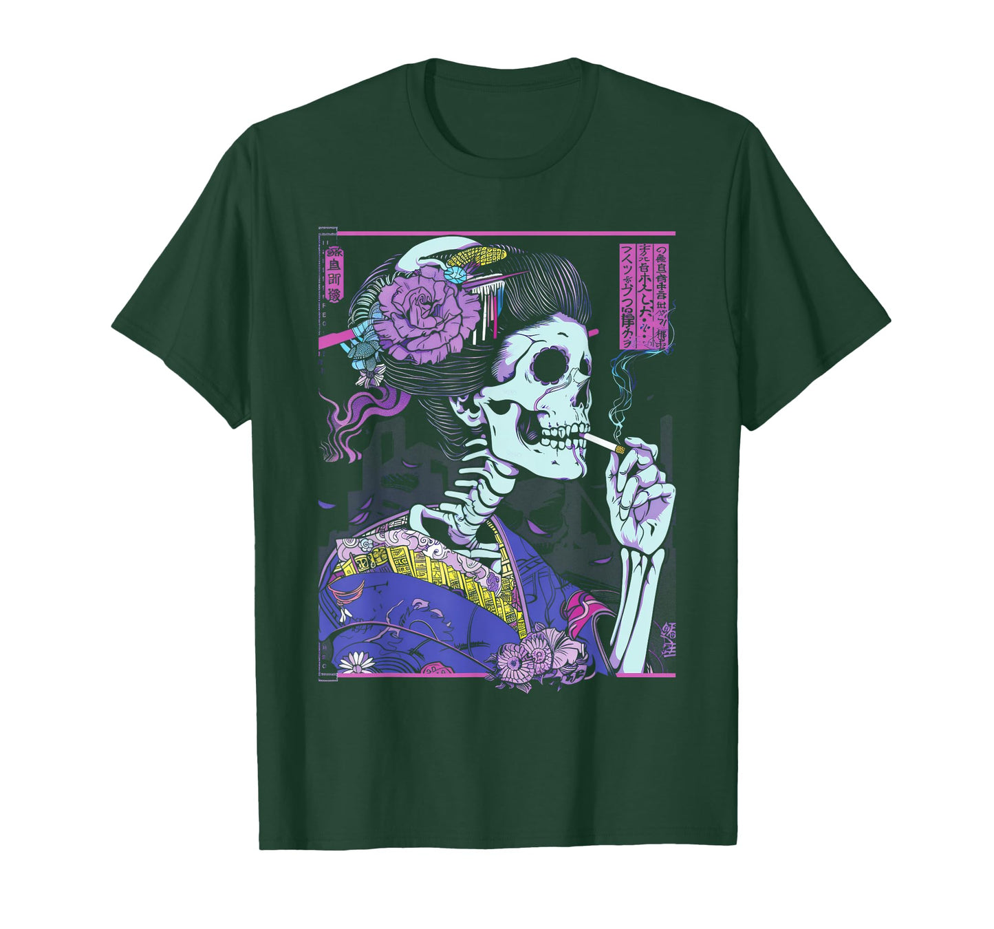 Anime Japanese Goth Cyberpunk City Skull Kimono Vintage T-Shirt