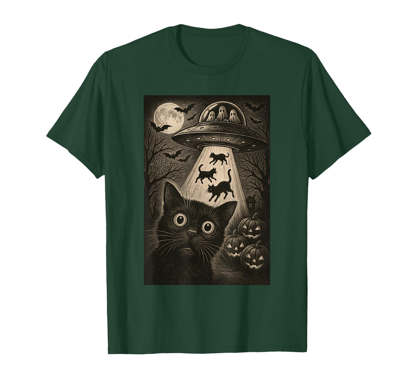 Halloween Cat Selfie Scary Alien Abduction Cats UFO Flying T-Shirt