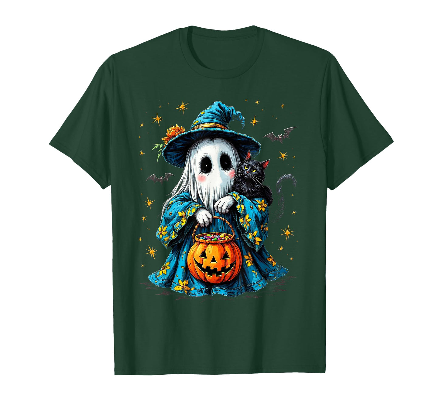 Ghost Holding Black Cat Lover Halloween 2025 Groovy Floral T-Shirt