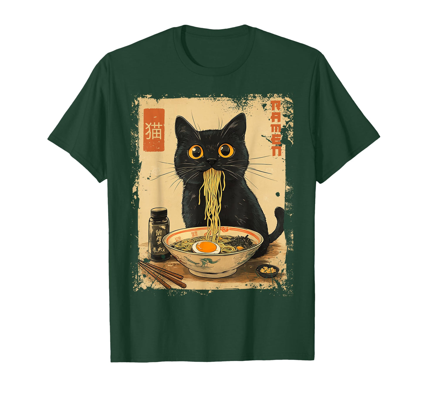 Dirhame Funny Japanese Cat Ramen Anime Kawaii Cat Eating Ramen Noodles T-Shirt, Unisex-Adults, Anime Fans, Girls, Young Females, Black, Small, Short Sleeve, T-Shirt