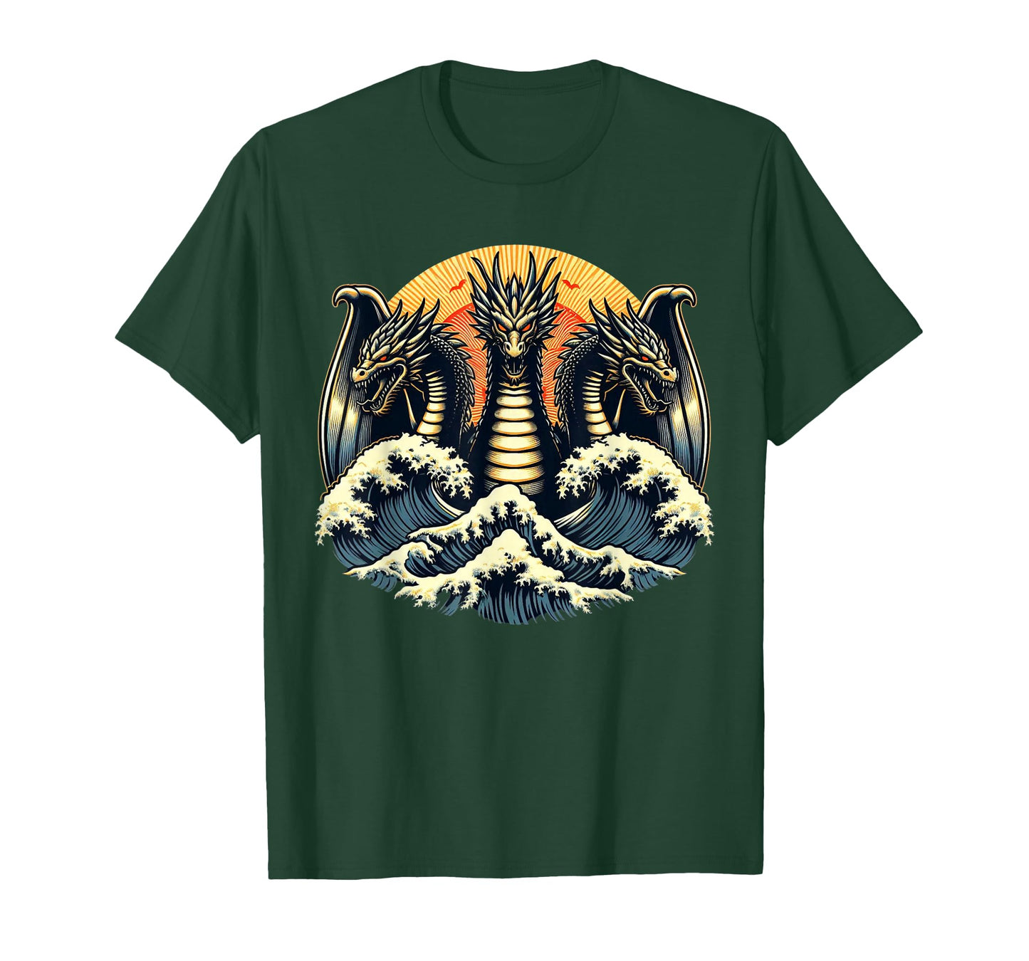 Japanese Dragon King Ghidorah Great Wave off Kanagawa Sunset T-Shirt
