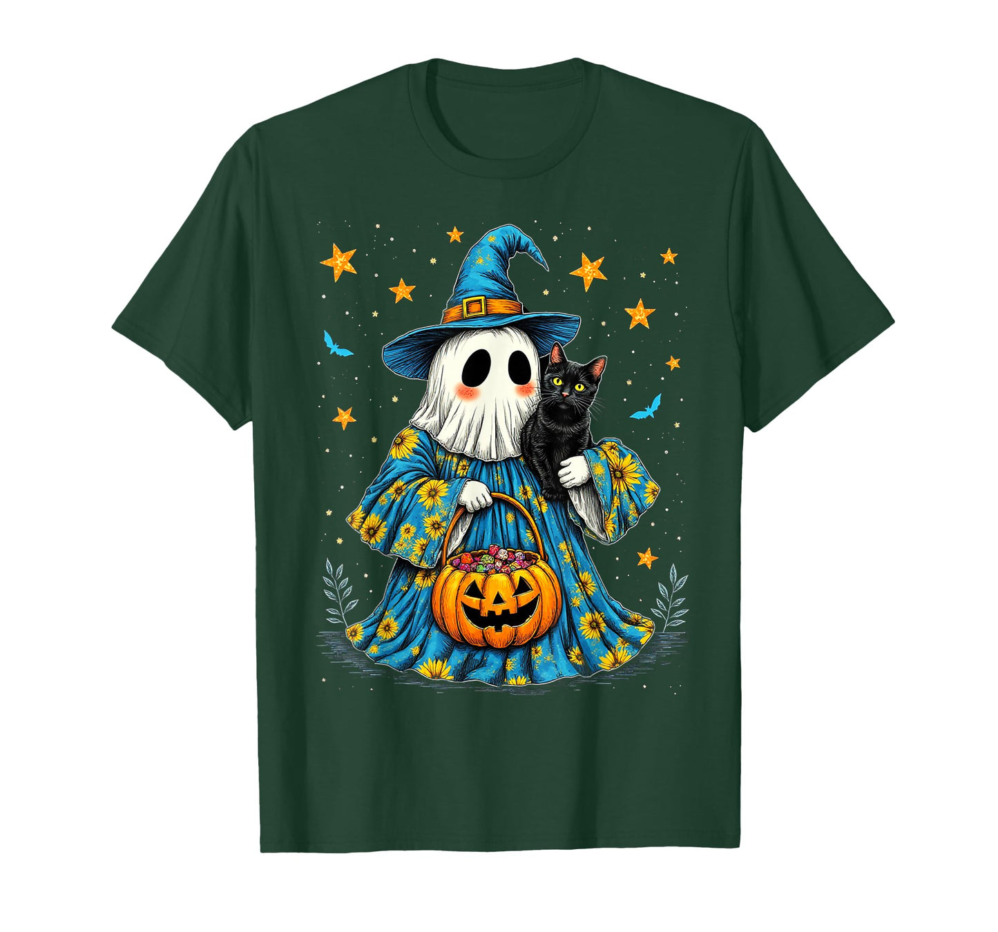 Cute Ghost and Black Cat Boo Groovy Floral Halloween 2025 T-Shirt