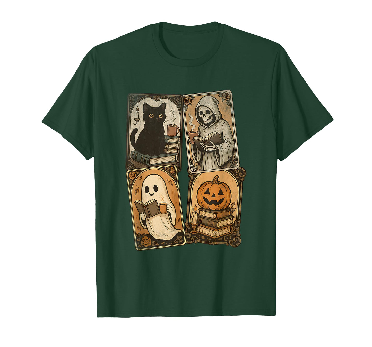 Ghost Reading Books Tarot Card Halloween Retro Vintage T-Shirt