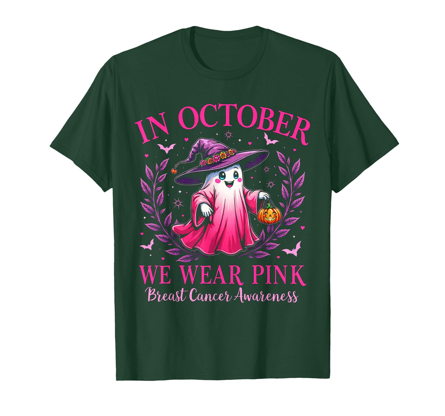Breast Cancer Awareness 2025 Cute Pink Ghost with Witch Hat T-Shirt
