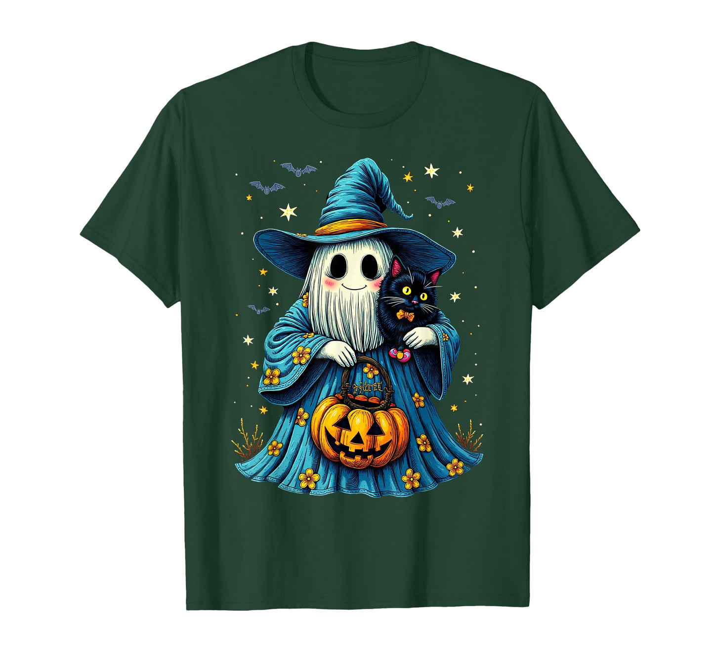 Ghost Holding Black Cat Lover Halloween 2025 Groovy Floral T-Shirt