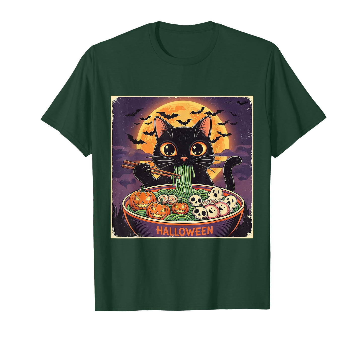 Black Cat Witch Hat Slurping Ramen Holiday Vintage Halloween T-Shirt