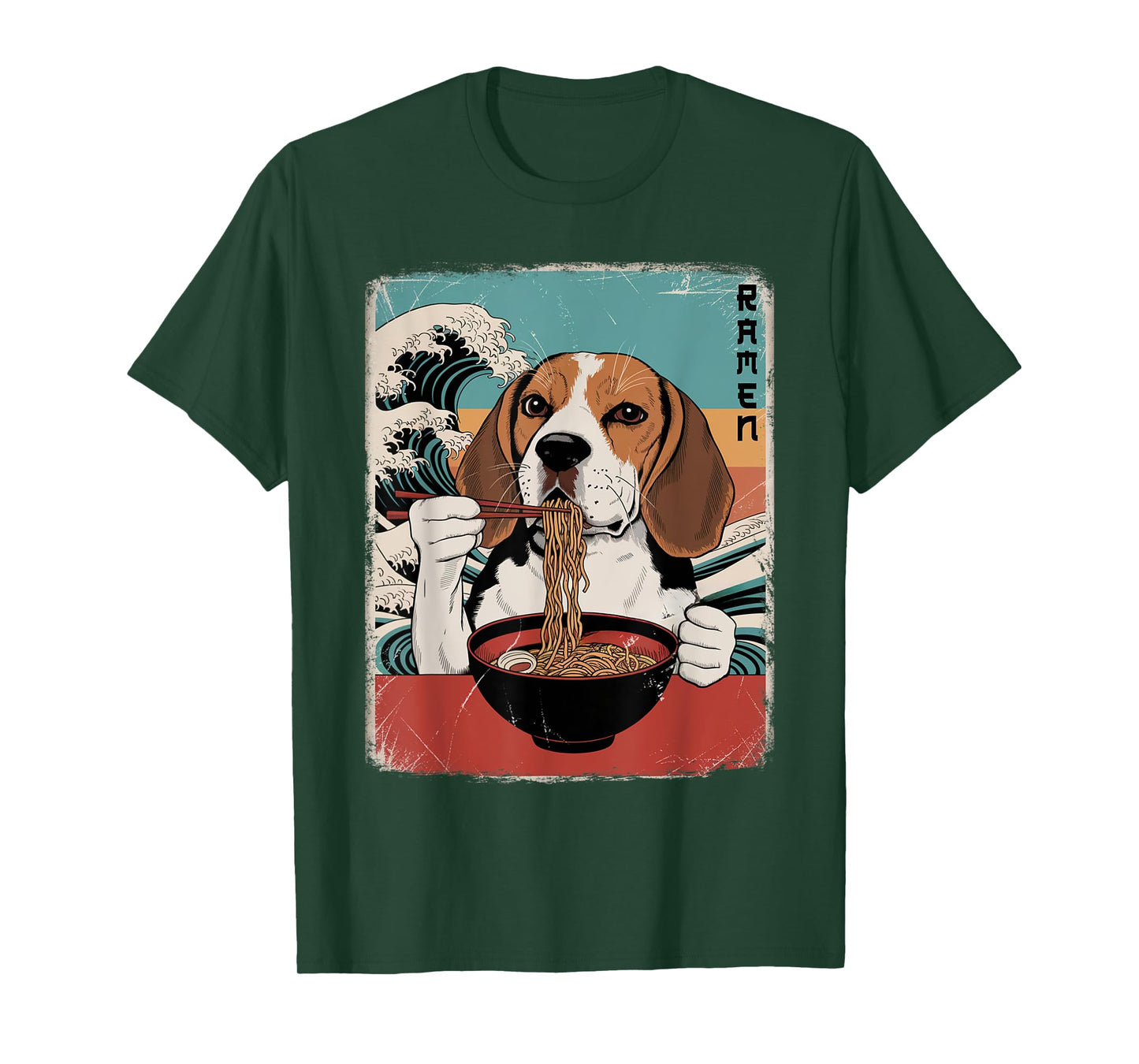 Beagle Eat Ramen Noodles Japanese Art Retro Ocean Waves T-Shirt