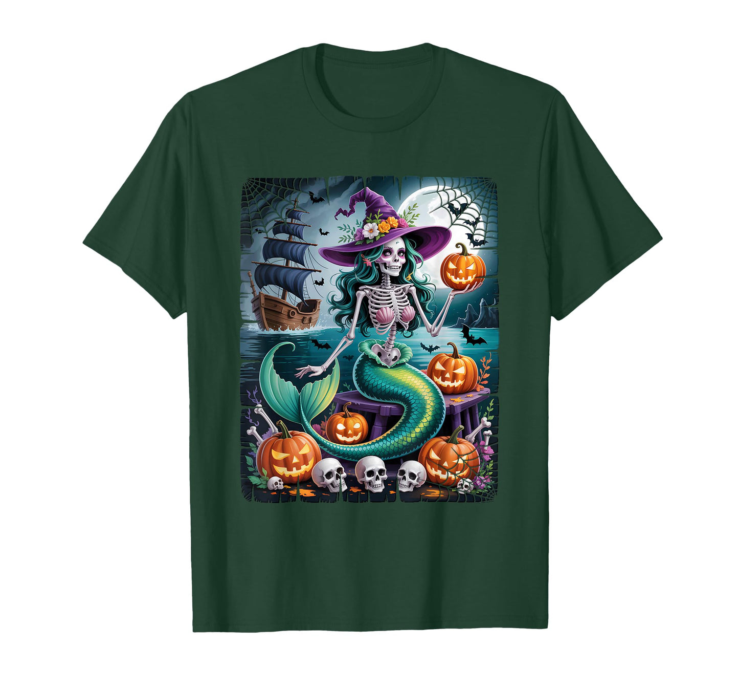 Mermaid Skeleton Witch Hat Halloween Ocean Mermaid Lover T-Shirt