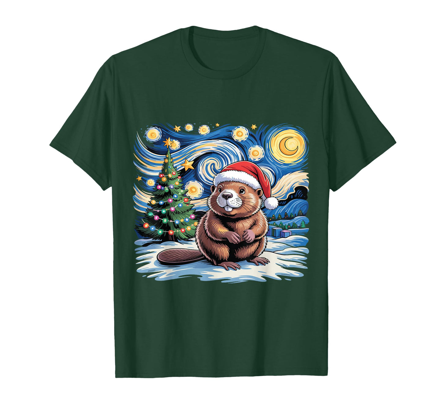 Winter Christmas Tree Beaver Van Gogh Starry Night Holiday T-Shirt