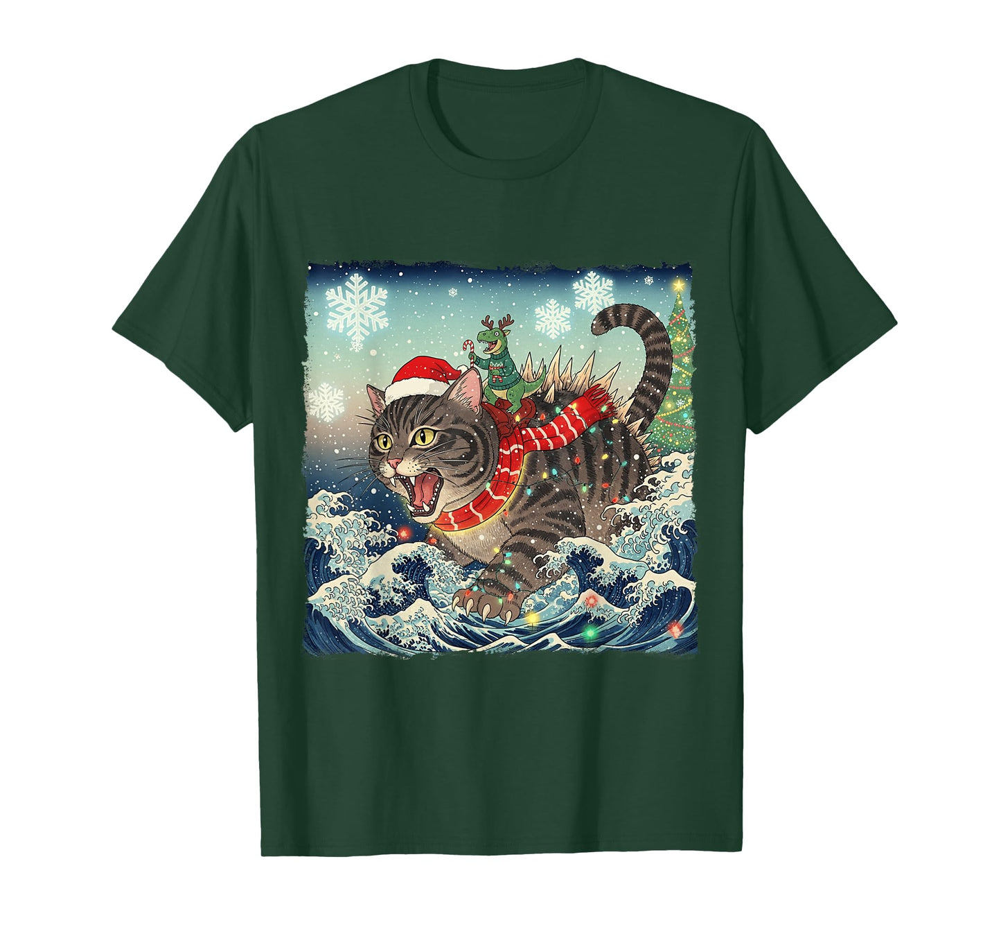 Catzilla Christmas with Cute Dino Cat Funny Holiday Wave T-Shirt