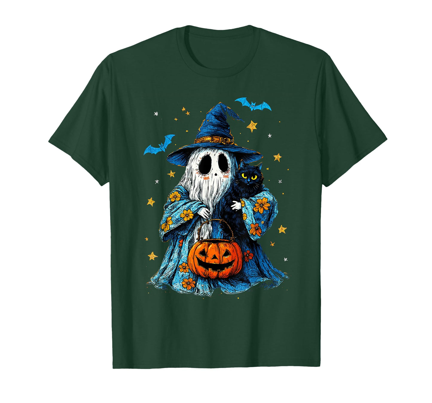 Ghost Holding Black Cat Lover Halloween 2025 Groovy Floral T-Shirt