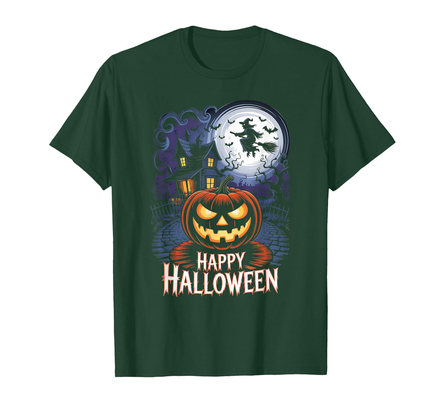 Spooky Halloween Haunted House with Pumpkin, Full Moon Witch T-Shirt