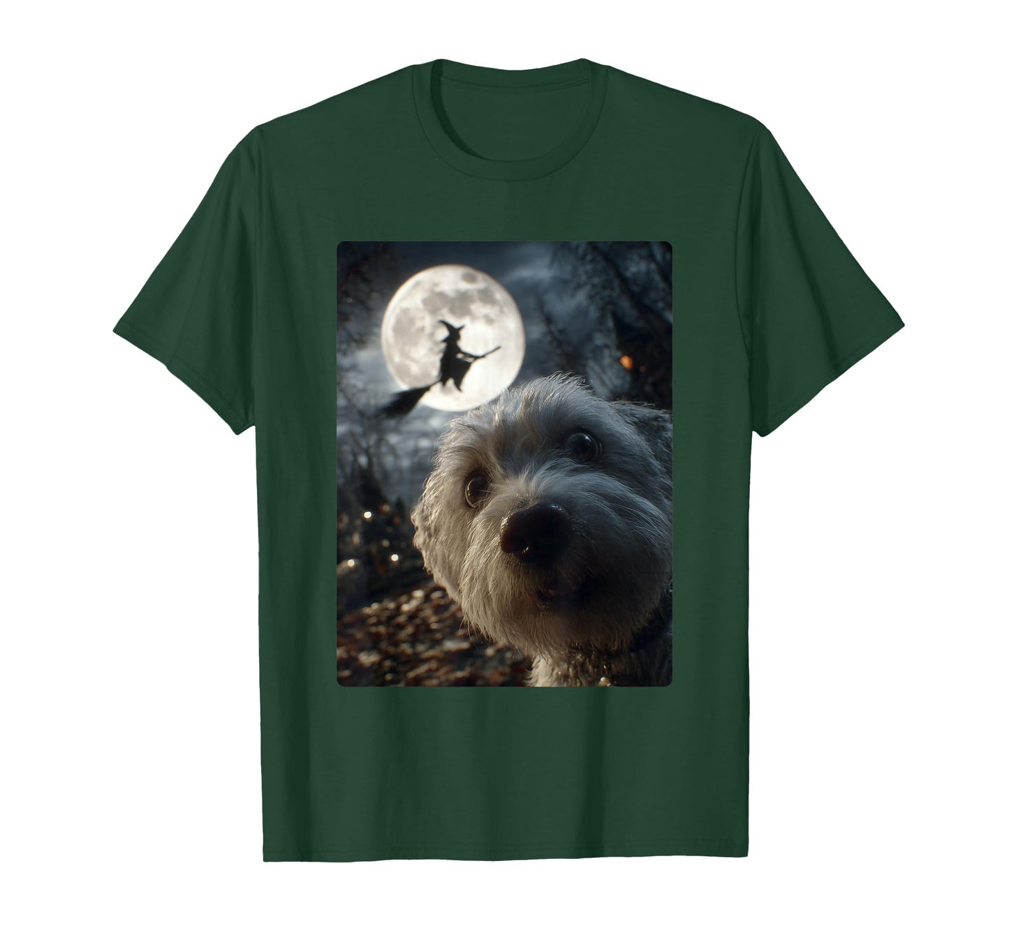 Funny Maltese Selfie Full Moon Flying Witch Halloween Dog T-Shirt