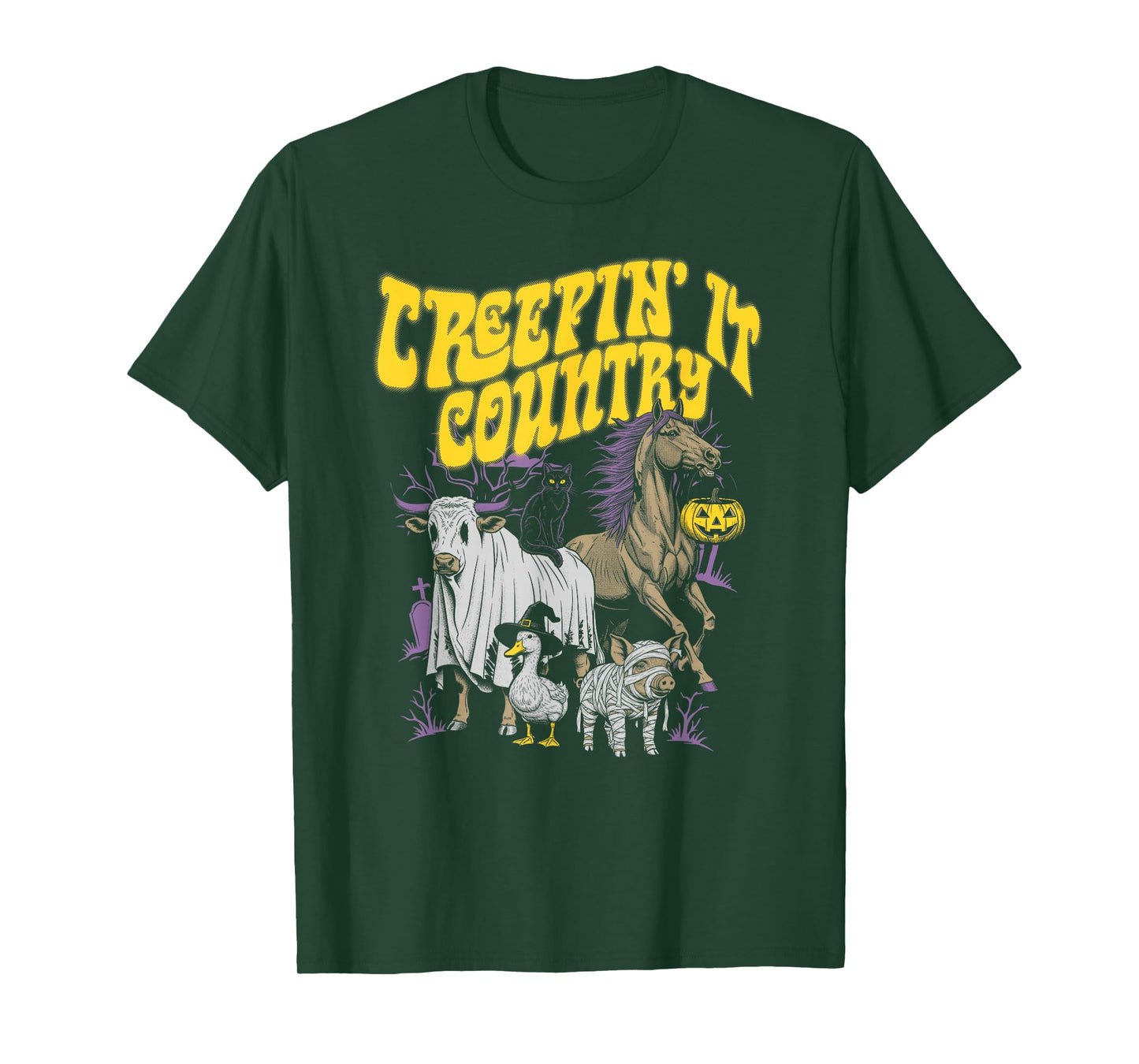 Creepin’ It Country Spooky Farm Animal Halloween Art T-Shirt