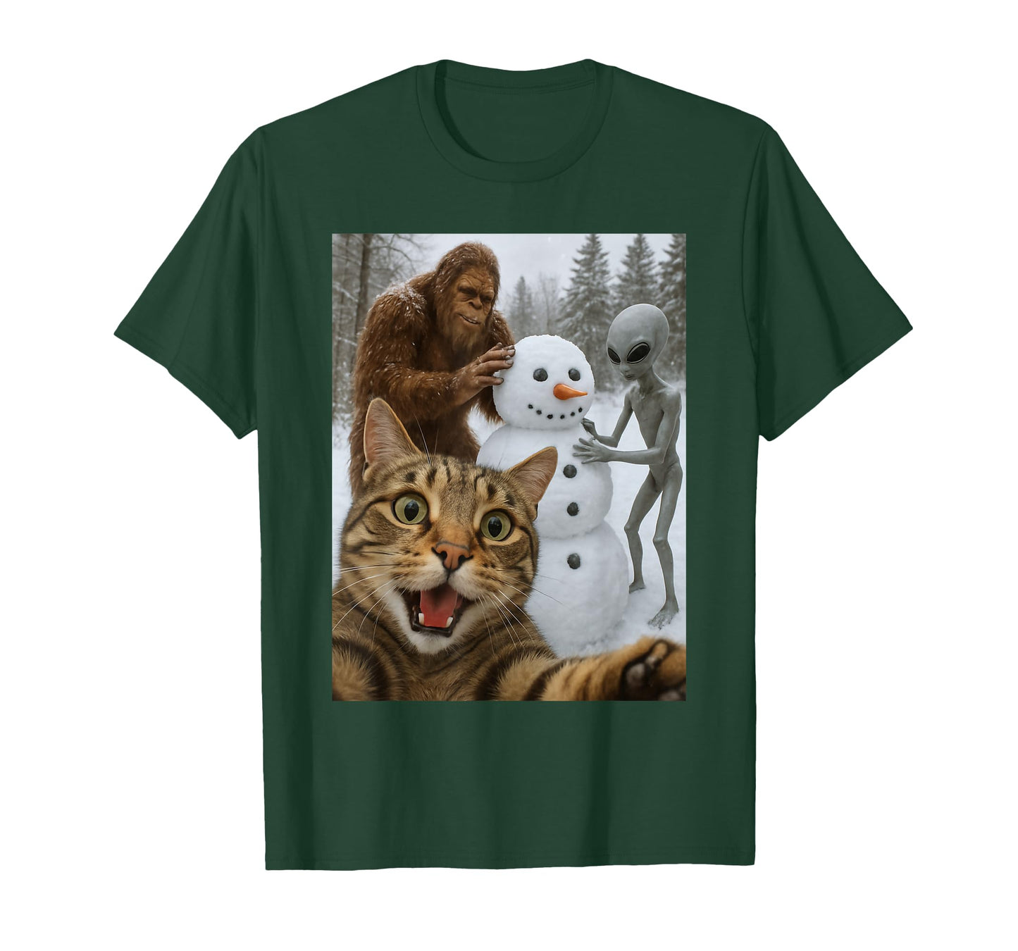 Funny Christmas Cat Selfie with Bigfoot Alien & Snowman T-Shirt