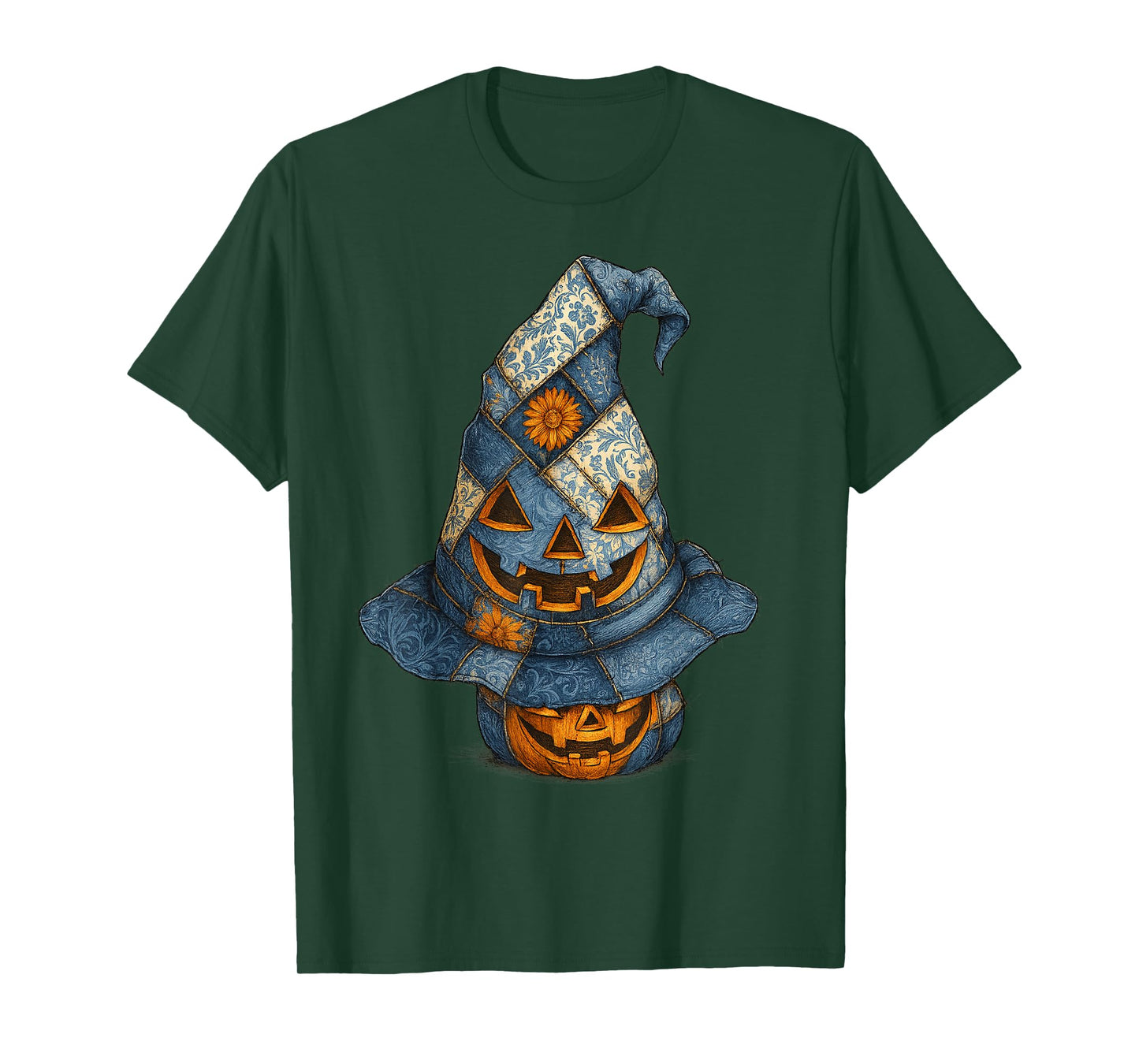 Patchwork Pumpkin Witch Hat Vintage Halloween T-Shirt