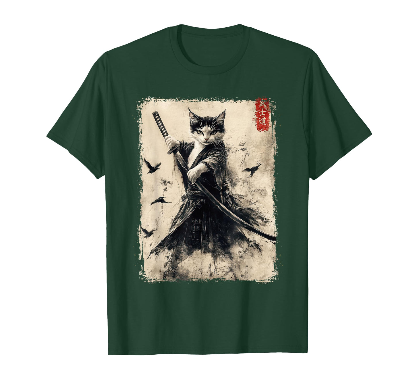 Samurai Cat Graphic Tee Warrior Vintage Japanese Art Anime T-Shirt