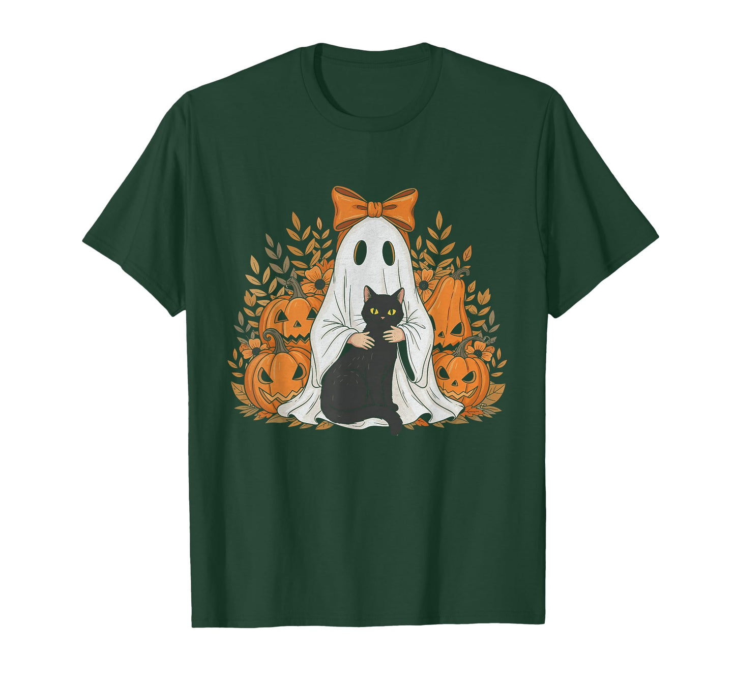 Vintage Halloween Ghost Holding Black Cat Groovy Floral T-Shirt