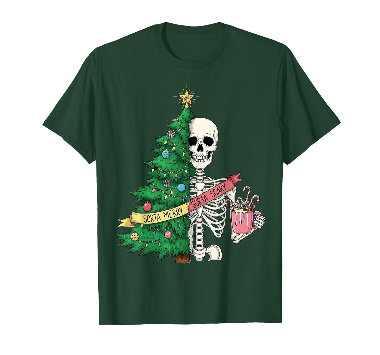 Sorta Merry Sorta Scary Christmas Skeleton Tree Hot Cocoa T-Shirt