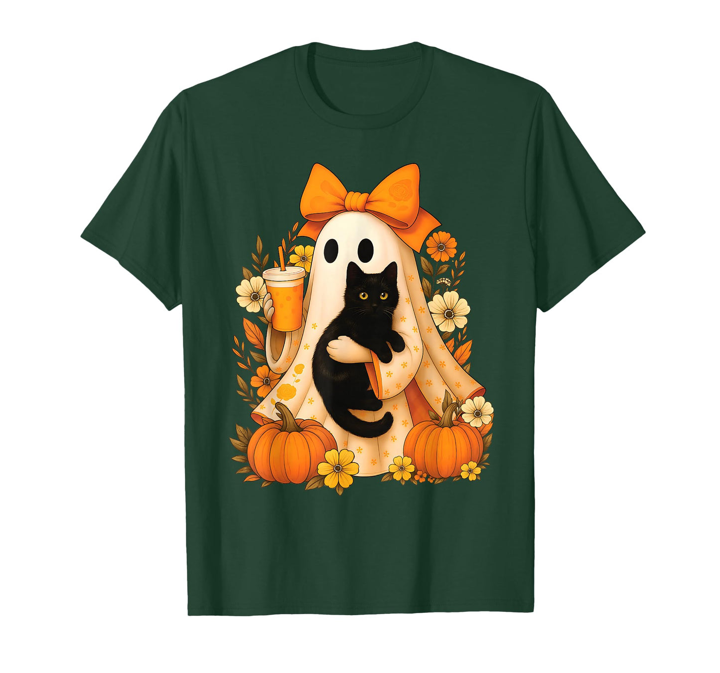 Retro Ghost Holding Cat Groovy Floral Vintage Halloween T-Shirt