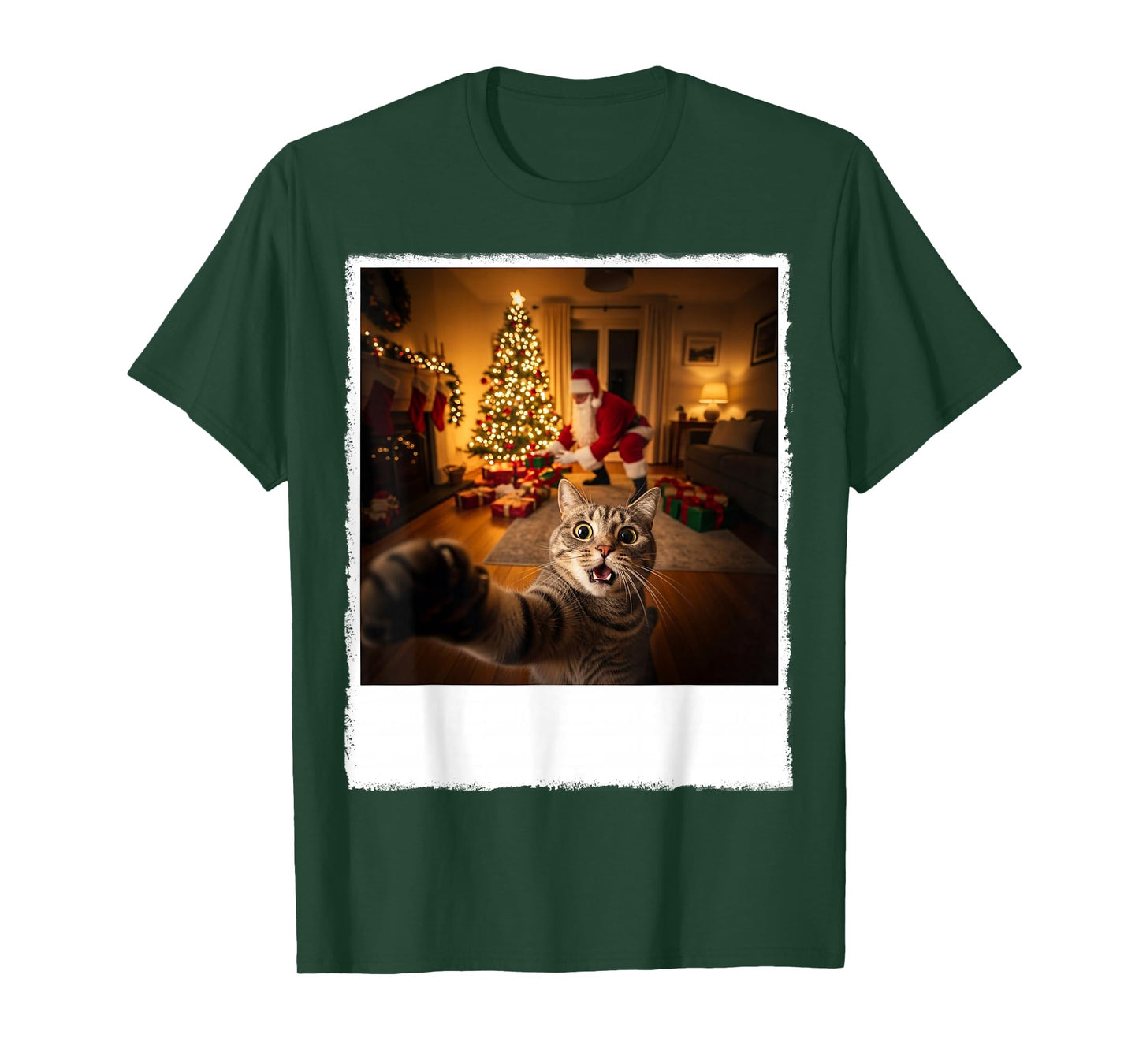 Funny Grey Cat Selfie with Santa Claus Gifts Christmas Night T-Shirt