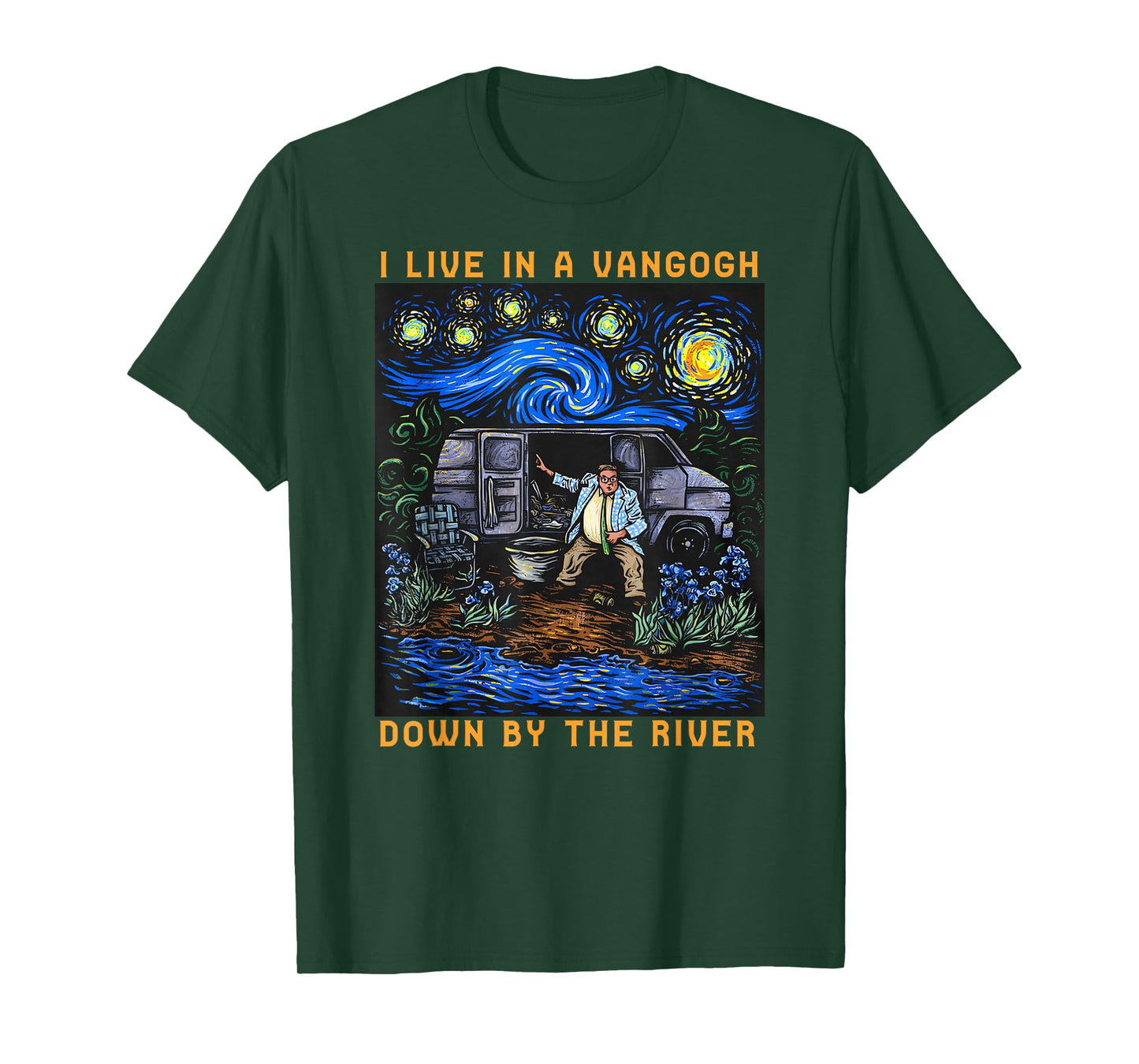 River Beautiful Day I Live In A Van-Gogh Down Black Cotton 100% Classic Fit Crew Collar Short Sleeve Unisex-Adults Small T-Shirt
