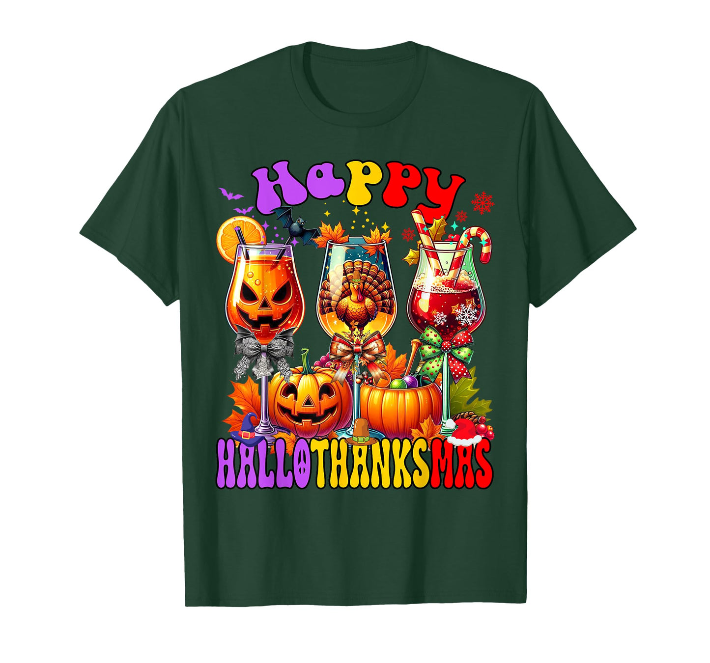 Happy Hallothanksmas Wine Glass Halloween Thanksgiving Xmas T-Shirt