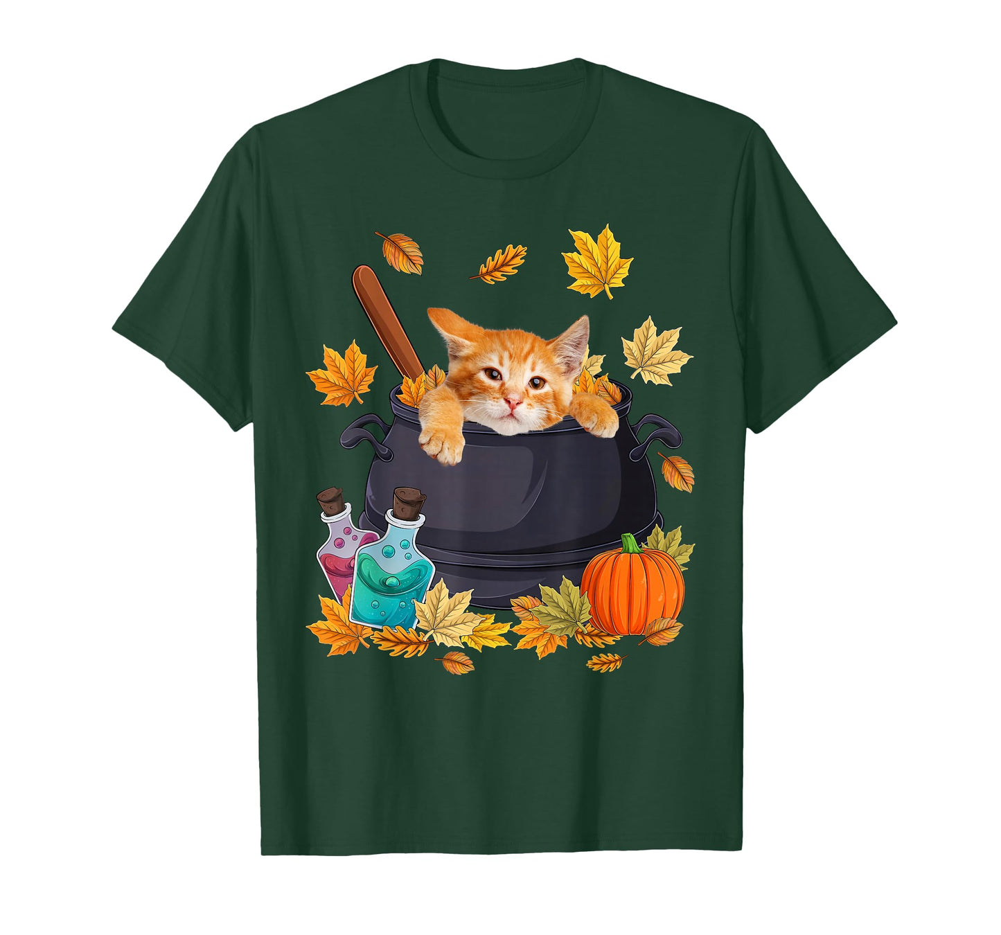 Cat in Witch Bucket & Fall Leaves Halloween Costume Day Kids T-Shirt