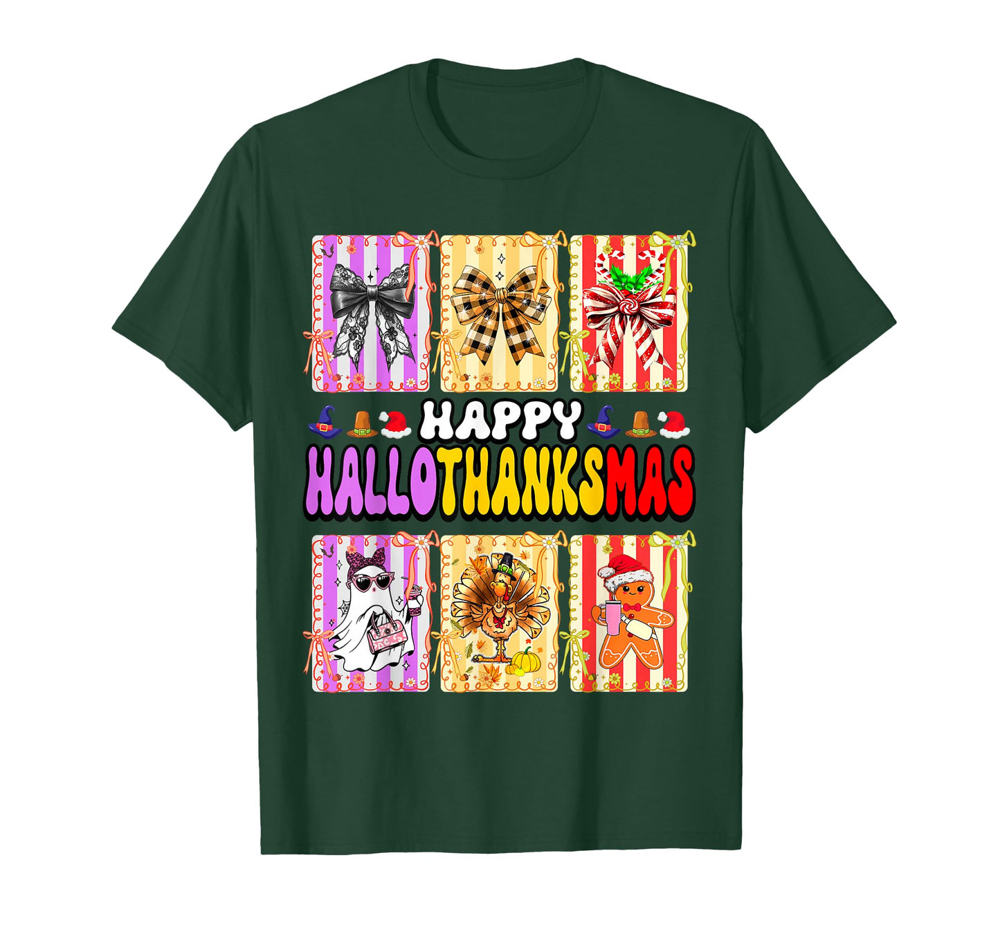 Hallothanksmas Coquette Bow Halloween Thanksgiving Christmas T-Shirt