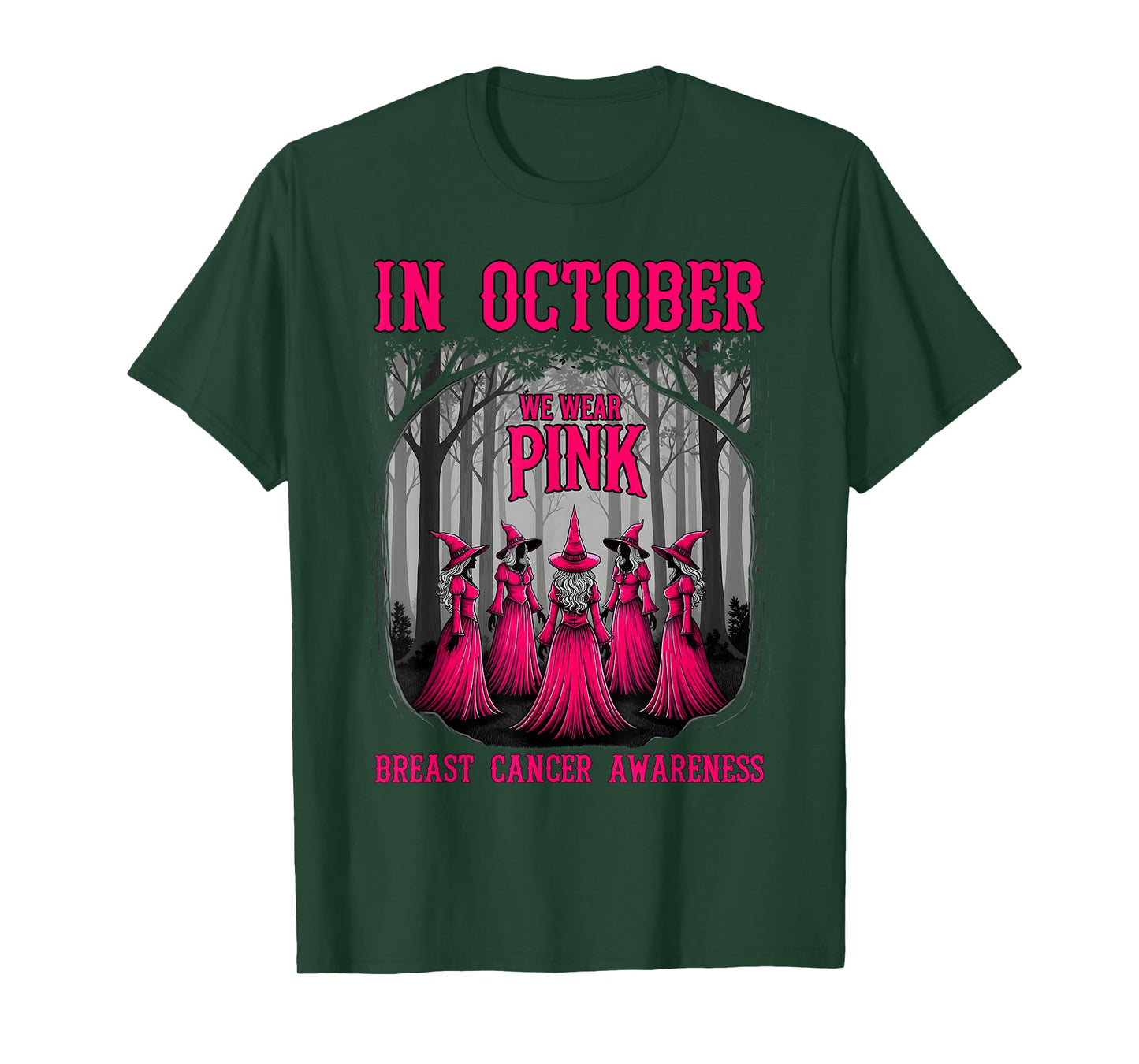in October We Wear Pink Spooky Witch Breast Cancer Awareness T-Shirt