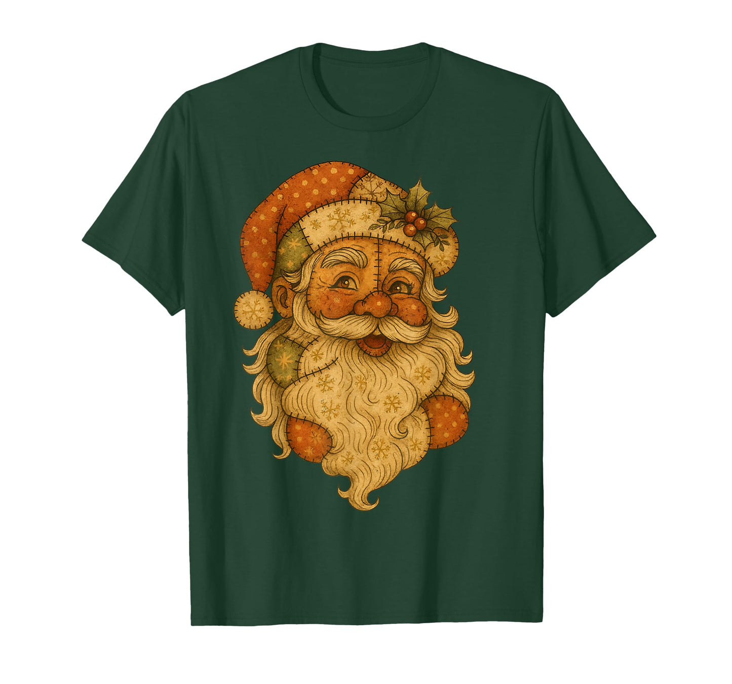 Patchwork Santa Face Vintage Christmas Folk Art T-Shirt