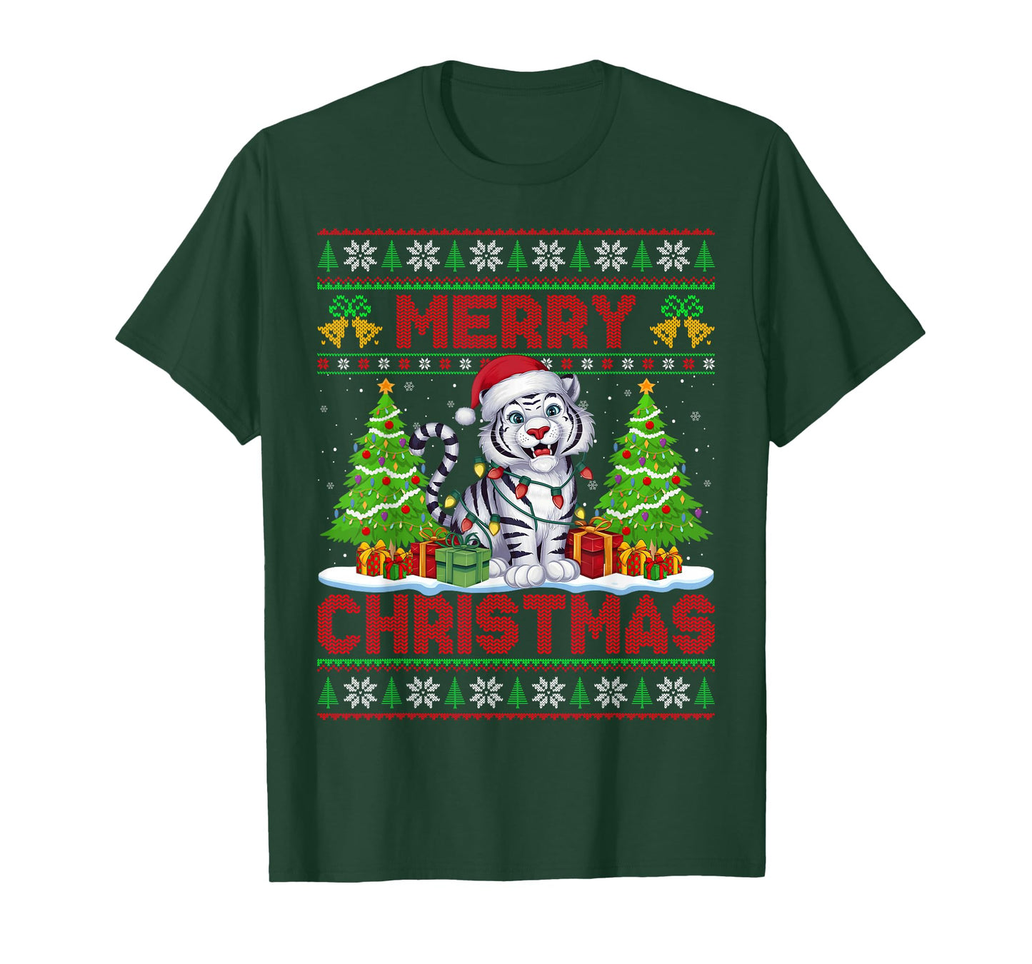 White Tiger Ugly Christmas Sweaters Funny Santa Lights Xmas T-Shirt