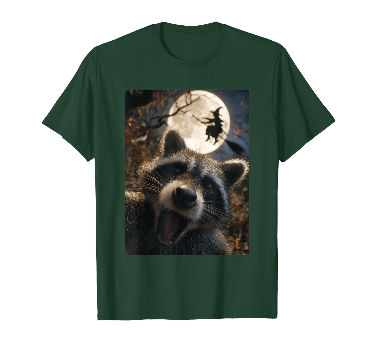Funny Raccoon Selfie Full Moon Flying Witch Forest Halloween T-Shirt