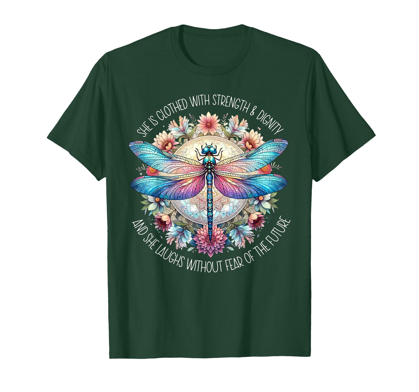 Boho Floral Dragonfly She Is Clothed With Strength & Dignity T-Shirt