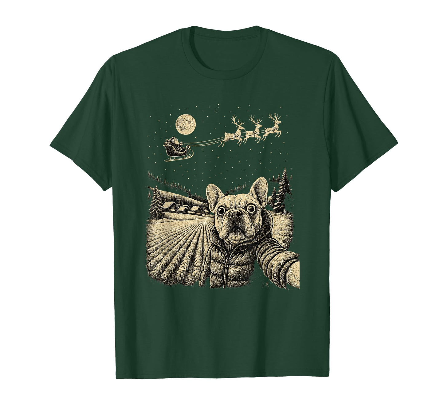 Funny French Bulldog Christmas Selfie with Santa Sleigh T-Shirt