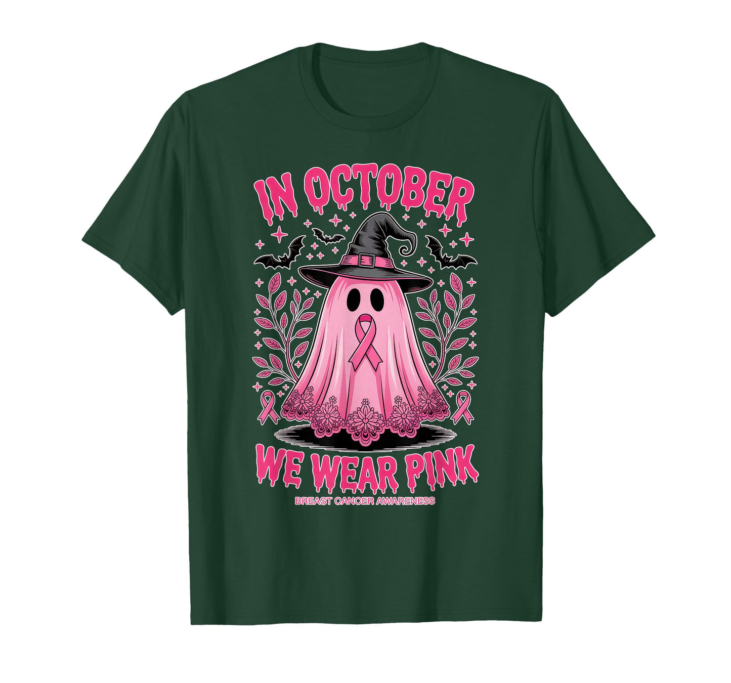 October Pink Ghost Witch Hat Breast Cancer Awareness T-Shirt