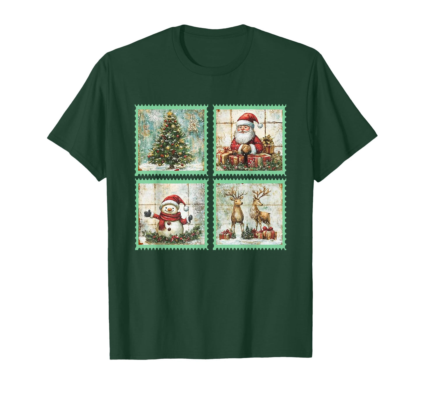 Retro Christmas Stamp Santa,Rentier,Snowmen,Christmas Tree T-Shirt